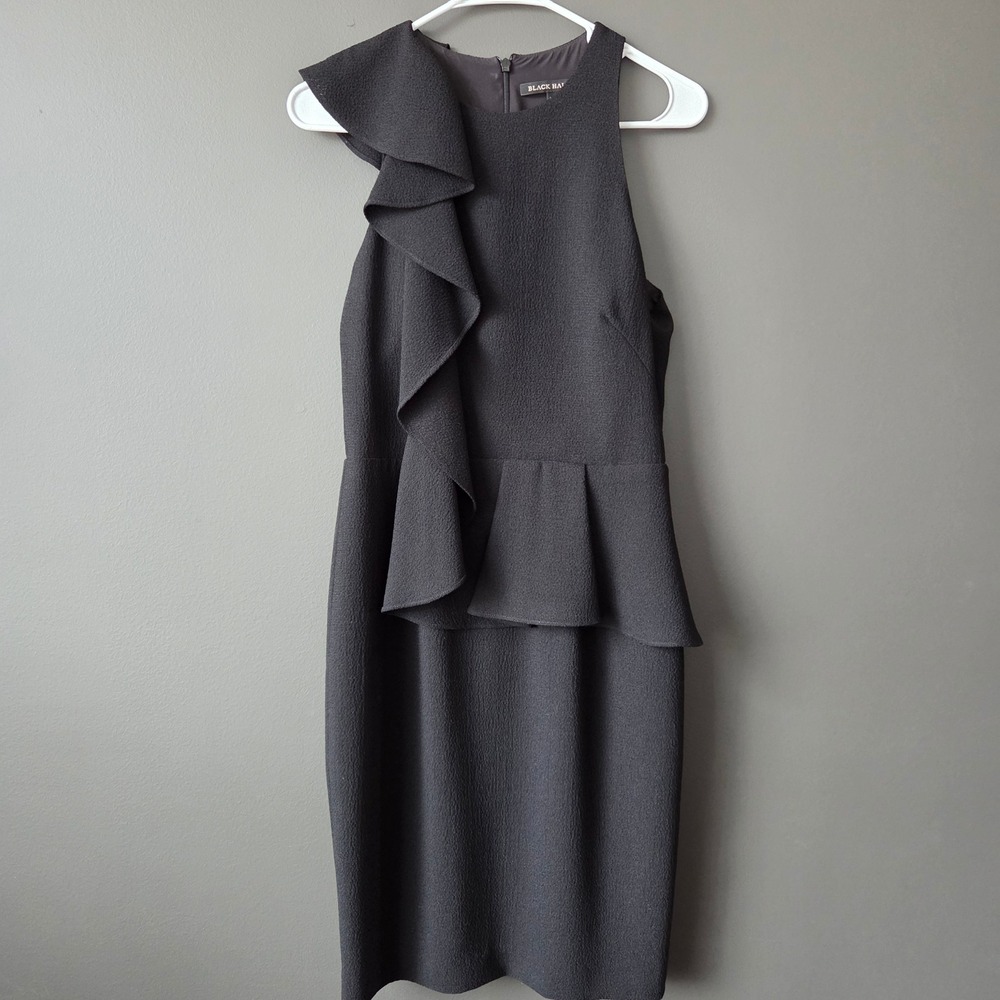 Black Halo Felicia Ruffle Peplum Sheath Dress Black Textured Crepe Chic Cocktail